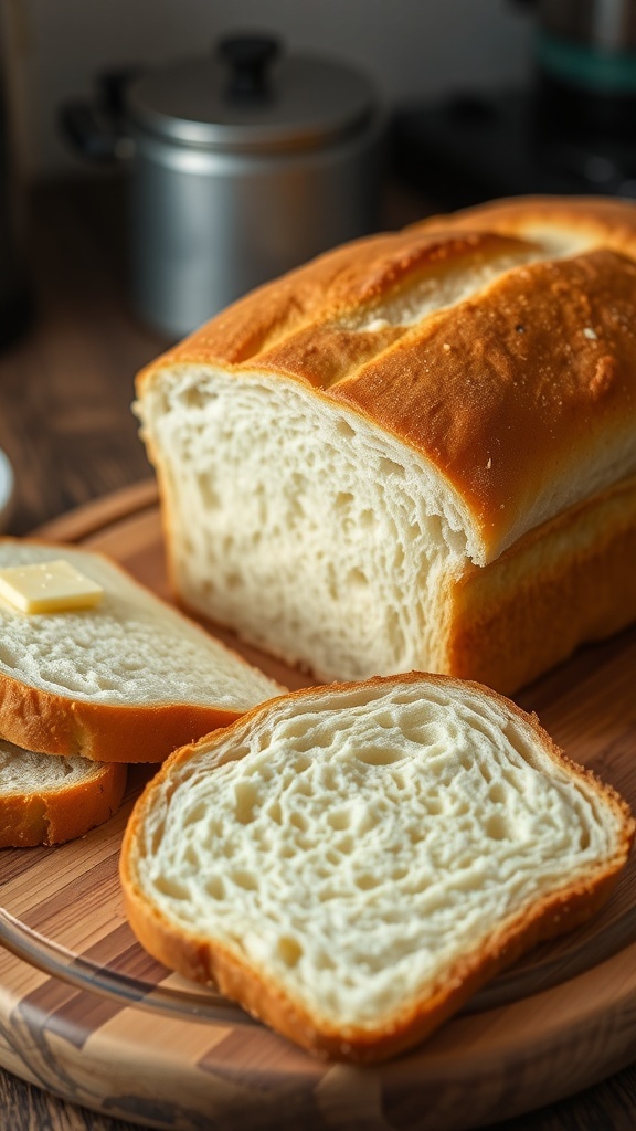 Freshly baked sandwich bread loaf sliced on a wooden board with butter.
